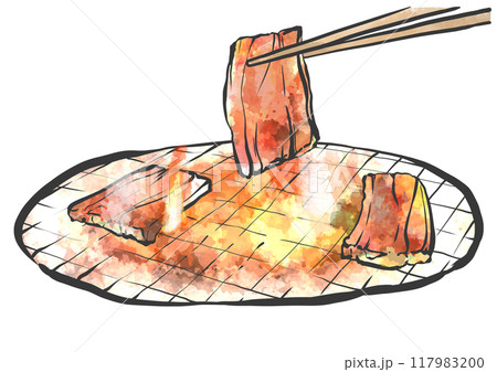 箸で焼き肉の手書き筆絵風イラスト 117983200