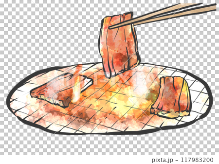 箸で焼き肉の手書き筆絵風イラスト 117983200