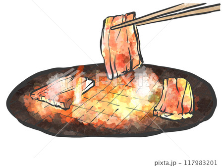 箸で焼き肉の手書き筆絵風イラスト 117983201