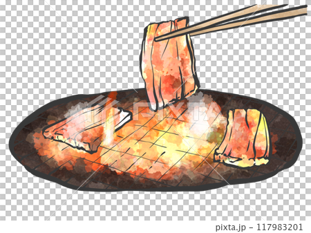 箸で焼き肉の手書き筆絵風イラスト 117983201