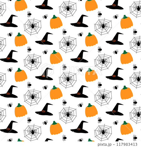 Pumpkins, spiders cobwebs and Witch hats Seamless pattern. Halloween greetings background texture 117983413