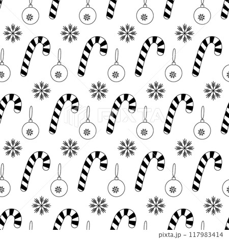Candy Cane, snowflake and Christmas toy Seamless pattern Black and white isolated Seamless Pattern 117983414