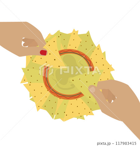 Male and female hands dip corn and spinach nachos into gravy boat with sauce on pile tortilla chips 117983415