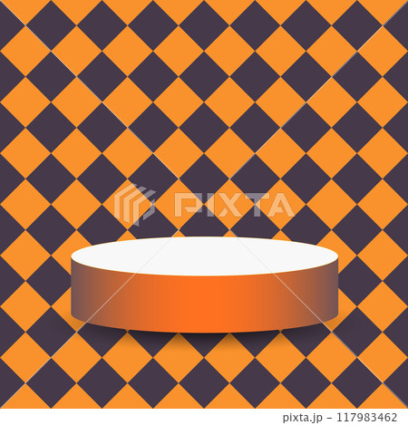 Orange blank podium stand to show product on purple and orange square shapes background for Halloween theme concept. Vector illustration 117983462