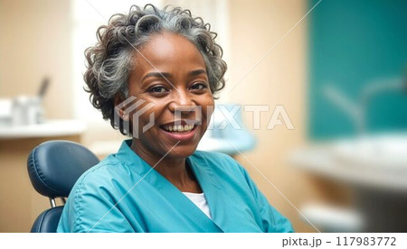 An elderly African American woman patient in a medical chair in a hospital, dentistry, smiling on a blurred background. High quality photo 117983772