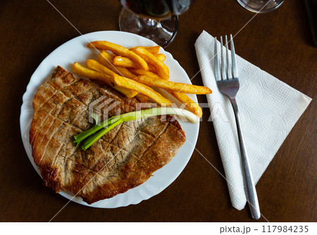 Serving of grilled pork with french fries and spring onion on side Serving of grilled pork with french fries and spring onion on side 117984235