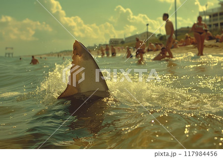 Shark fin on the background of the beach. A sea predator plans to attack people on the beach. 117984456