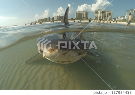 Shark fin on the background of the beach. A sea predator plans to attack people on the beach. Shark fin on the background of the beach. A sea predator plans to attack people on the beach. 117984458