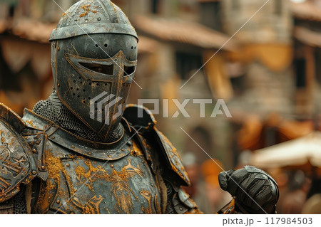 Medieval knight in steel armor against the background of castle walls. 117984503