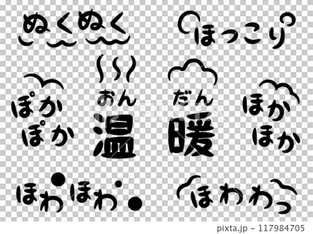 温かい・暖かいイメージの手書きのオノマトペ文字(擬態語)_横書き黒 温かい・暖かいイメージの手書きのオノマトペ文字(擬態語)_横書き黒 117984705