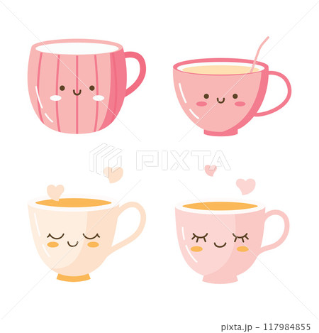 Collection of Cute Tea Coffee Drink Character in Pastel Cup Mug with Love 117984855