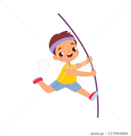 Boy Character Jump with Vaulting Pole Do Sport Vector Illustration 117984866