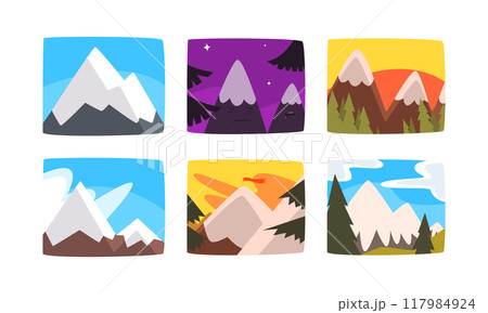 Mountain Peak and Summit Picture View with Sky and Trees Vector Set 117984924