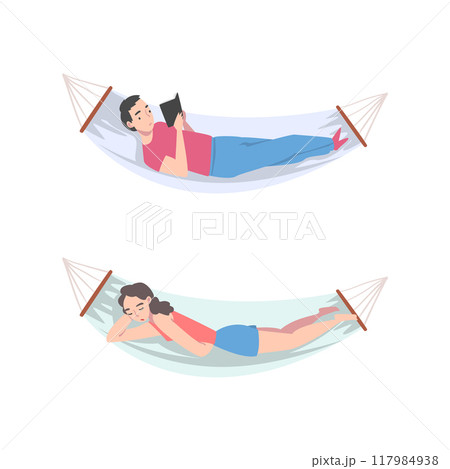 Male and Female Lying in Hammock Reading Book and Sleeping Having Rest Vector Set Male and Female Lying in Hammock Reading Book and Sleeping Having Rest Vector Set 117984938