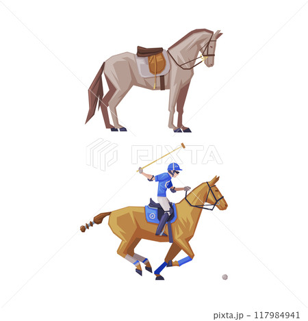 Man Riding Horse Sitting on Horseback in Saddle Playing Polo Vector Set 117984941