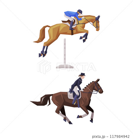 Man Riding Horse Sitting on Horseback in Saddle Vector Set Man Riding Horse Sitting on Horseback in Saddle Vector Set 117984942