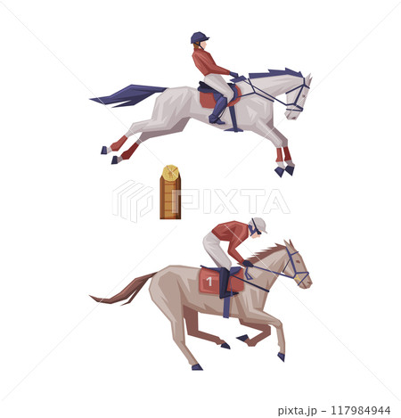 Man Riding Horse Sitting on Horseback in Saddle Vector Set 117984944