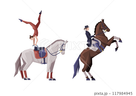 Man Riding Horse Sitting on Horseback in Saddle and Showing Stunt Vector Set 117984945