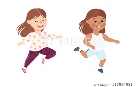 Excited Little Girl Jumping with Joy Expressing Happiness Vector Set 117984951