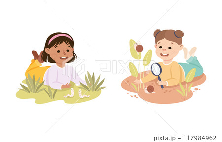 Little Girl Watching Worm and Snail Crawling on the Ground Caring About Nature and Planet Vector Set Little Girl Watching Worm and Snail Crawling on the Ground Caring About Nature and Planet Vector Set 117984962