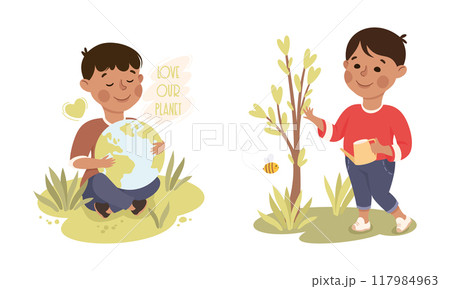 Little Boy with Globe on Green Grass and Watering Tree Sapling Caring About Nature and Planet Vector Set Little Boy with Globe on Green Grass and Watering Tree Sapling Caring About Nature and Planet Vector Set 117984963