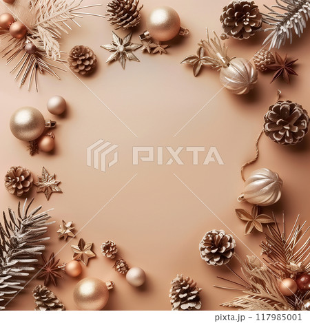 Christmas and New Year seasonal square template design with decorations and copy space for social media post. Gold color tone on golden plain background. AI generated. 117985001
