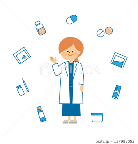 薬剤師と色々な薬　かわいいイラスト素材 117985082