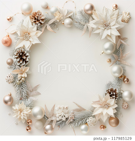 Christmas and New Year seasonal square template design with decorations and copy space for social media post. Pastel warm color tone on white plain background. AI generated. Christmas and New Year seasonal square template design with decorations and copy space for social media post. Pastel warm color tone on white plain background. AI generated. 117985129