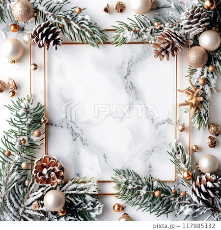 Christmas and New Year seasonal square template design with decorations and copy space for social media post. Green and gold color tone on white marble background. AI generated. 117985132