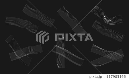 3d set of transparent adhesive plastic tape isolated on black background render. Clear crumpled sticky strip, piece of glued scotch band, cross patch or wrinkle cellophane film mockup. 3D illustration 3d set of transparent adhesive plastic tape isolated on black background render. Clear crumpled sticky strip, piece of glued scotch band, cross patch or wrinkle cellophane film mockup. 3D illustration 117985166
