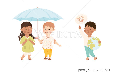 Kind Little Boy Sharing Umbrella with Girl and with Globe Saving Planet Vector Set 117985383