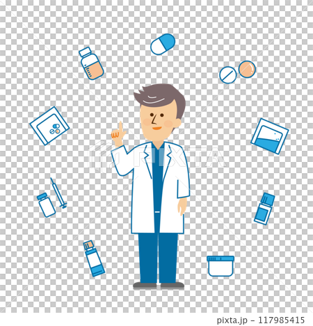 Pharmacist and various medicines Cute illustration material Pharmacist and various medicines Cute illustration material 117985415