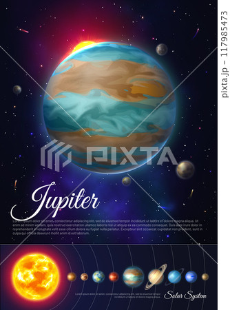 Jupiter planet colorful poster with solar system 117985473