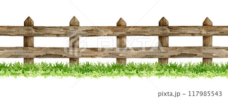 Wooden fence with green grass seamless border. Watercolor vintage style illustration. Outdoor old farm, ranch village, countryside wooden fence element on white background 117985543