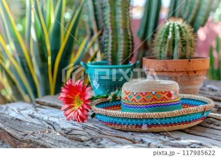 Mexican hat and cactus on wooden table, closeup view 117985622