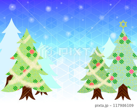 和風文様のクリスマスツリーと雪景色の背景 117986109