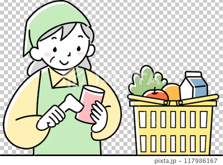 Senior female store clerk reading product barcodes at the cash register 117986167