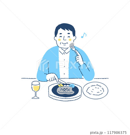 おいしそうにステーキを食べる男性 おいしそうにステーキを食べる男性 117986375