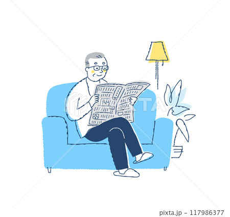 ソファーに座って新聞を読んでいるシニア男性 117986377