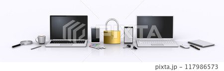 パソコン機器と南京錠、情報機器のセキュリティイメージ 117986573
