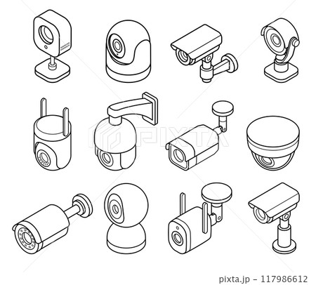 CCTV and security camera isometric line icon set 117986612