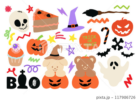 Halloween illustrations of ghost, head skull, teddy bear, puppy, pumpkin, trick or treat, bat, witch hat, spooky cake and cupcake for decoration, cartoon character, pet costume, stickers, animal print Halloween illustrations of ghost, head skull, teddy bear, puppy, pumpkin, trick or treat, bat, witch hat, spooky cake and cupcake for decoration, cartoon character, pet costume, stickers, animal print 117986726
