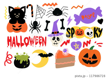 Halloween illustrations of head skull, black cat, pumpkin, spider, bat, witch hat, cake, poisonous soup for spooky decoration, cartoon character, costume, sticker, event, activity, standee, card print Halloween illustrations of head skull, black cat, pumpkin, spider, bat, witch hat, cake, poisonous soup for spooky decoration, cartoon character, costume, sticker, event, activity, standee, card print 117986728