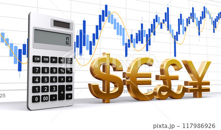 通貨マークと電卓とファイナンスチャート、ドル・円・ユーロ・ポンド 117986926