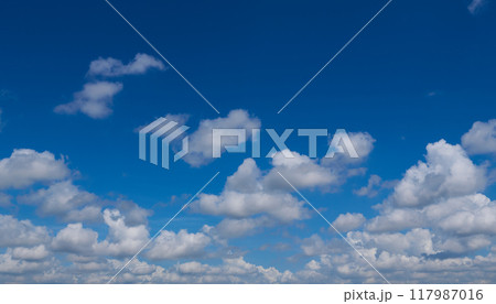 White cumulus clouds forming on vivid blue sky White cumulus clouds forming on vivid blue sky 117987016