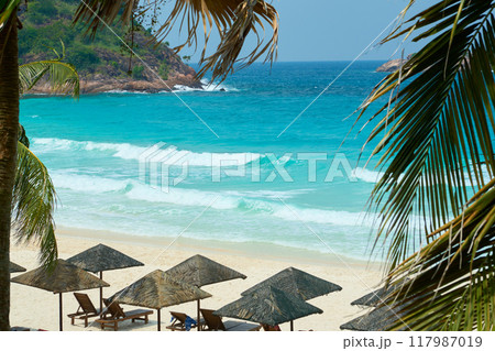 Turquoise sea waves crashing on idyllic tropical beach with palm trees and sunbeds Turquoise sea waves crashing on idyllic tropical beach with palm trees and sunbeds 117987019