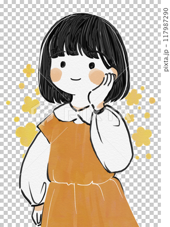 簡單可愛的手繪女孩，手捧鮮花，手托臉頰微笑 117987290