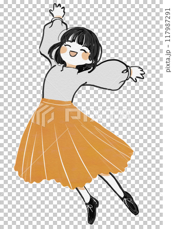 Simple and cute hand-drawn girl - Happy! Jumping with a smile Simple and cute hand-drawn girl - Happy! Jumping with a smile 117987291