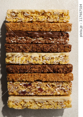 Delicious, natural, various granola bars, close-up view Delicious, natural, various granola bars, close-up view 117987584