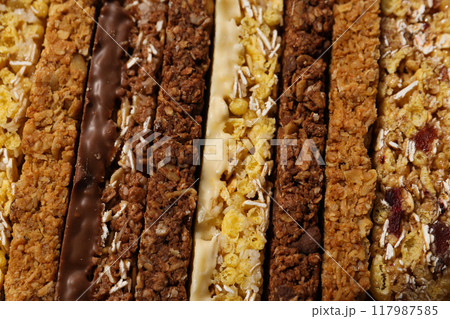 Delicious, natural, various granola bars, close-up view 117987585